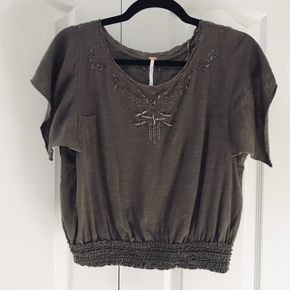 Free People Brown Beaded Crop Top Flutter Sleeve w/ Keyhole Accents